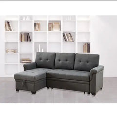 Dark Gray Linen Reversible Sleeper Sectional Sofa With Storage Chaise