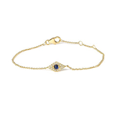 10K Yellow Gold Blue Sapphire and Diamond Accent Evil Eye Station Link Bracelet  (H-I Color, I1-I2 Clarity) - Size 7"